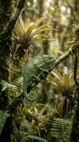 Green chameleon perched on moss-covered branch in lush tropical rainforest with ferns and epiphytes creating natural jungle habitat for wildlife photography.