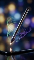 Digital stylus pen with glowing light trails creating artistic swirls on tablet screen against colorful bokeh background for creative design work.