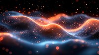 Glowing orange and blue waves flow through starry cosmic space, creating dynamic energy streams against dark background with luminous particles and bokeh effects.