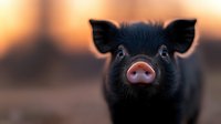 Close up portrait of adorable black piglet with pink snout against blurred warm sunset background, showing curiosity and innocence in farm animal photography.