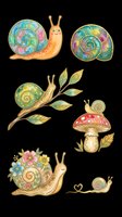 Watercolor snail clipart set with colorful shells, flowers, and mushroom, isolated on transparent background. Great for stickers, t-shirt design, and print on demand.