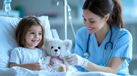 Caring nurse showing teddy bear to smiling little girl patient in hospital bed, creating positive medical experience through playful interaction and comfort.