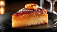 Fluffy sponge cake slice topped with caramelized apricot and dusted with powdered sugar, served on black plate with warm lighting for bakery and dessert content.