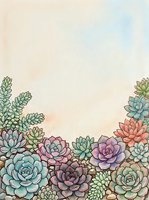 Watercolor succulents arrangement with pastel pink, purple, and teal tones on soft gradient background, copy space for text.