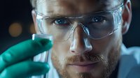 Male scientist in protective eyewear examining green liquid sample in laboratory. Close up portrait of medical researcher with beard wearing safety glasses.