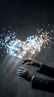 Businessman hands reaching toward glowing digital particles and light beams representing innovation, technology transformation and future business solutions.