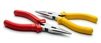 Two long nose pliers with red and yellow rubber handles on white background, isolated hand tools for electrical work and DIY repair projects.