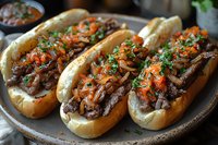 Grilled beef sandwiches topped with caramelized onions, diced tomatoes and fresh herbs on toasted baguette rolls served on rustic ceramic plate.
