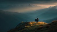 Two hikers standing on mountain ridge at sunset with dramatic alpine landscape and layered peaks in golden light for adventure travel concepts.