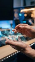 Close-up of hands holding holographic digital interface with geometric wireframe graphics, representing technology innovation, data visualization, and futuristic computing solutions.