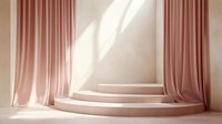 Minimalist round podium with pink curtains and sunlight shadows on beige background, elegant stage for product display and fashion presentation.
