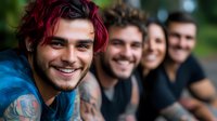 Young diverse friends in row with red-haired tattooed man in foreground smiling at camera. Group of multiethnic people enjoying outdoor gathering.