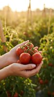 Fresh ripe tomatoes with water drops in cupped hands at sunset in organic garden. Harvest time concept for healthy eating and sustainable farming.