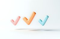 Colorful floating checkmarks in pink, orange and blue pastel colors casting soft shadows on white background. Minimal design concept for approval or success.
