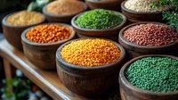 Colorful variety of raw lentils and legumes in wooden bowls arranged in rows, including red, yellow, green and brown varieties with fresh herbs for cooking.