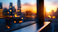 Blurred city lights and sunset view through modern window with water drops, creating dreamy urban bokeh effect against darkening evening sky.