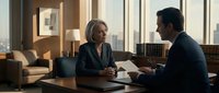 Mature woman with blonde hair and man with dark hair in business attire having professional discussion at desk in modern high-rise office with city skyline view for corporate, executive, and business communication concepts.