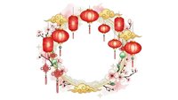 Festive circular frame with red lanterns, gold coins, cherry blossoms and traditional ornaments for lunar new year celebrations and spring festival designs.