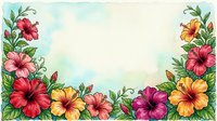 Watercolor hibiscus floral border frame with colorful tropical flowers and green leaves on soft background, copy space for text.
