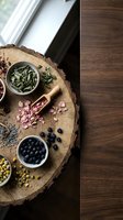 Assorted dried herbs, spices and berries arranged on rustic wood slice. Natural ingredients for tea blending, cooking and aromatherapy on wooden background.