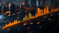 Orange glowing financial chart bars and market data visualization on dark background with grid lines and digital display for business analytics and trading.