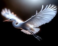 Graceful white heron in flight against dark background, wings spread wide showing detailed feathers and elegant form, dramatic lighting highlights bird's movement.