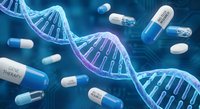 Personalized medicine concept with DNA double helix structure and pharmaceutical capsules floating in blue medical background for genetic therapy research.