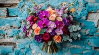 Vibrant wedding bouquet with pink orchids, peach roses, and burgundy flowers against rustic turquoise brick wall, featuring silver dollar eucalyptus foliage.