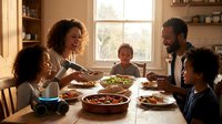 Happy African American family enjoying healthy meal together at wooden dining table in warm kitchen setting.