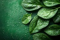 Fresh green spinach leaves with water drops on dark green background, top view. Natural organic food photography for healthy eating concept.