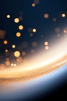 Abstract glowing golden wave with sparkling particles and bokeh lights against dark blue background, creating magical atmospheric effect.