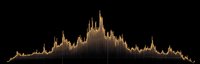 Golden sound wave visualization on black background showing dynamic audio spectrum analysis with peaks and valleys in warm gradient tones.