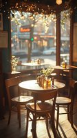 Cozy cafe interior with warm fairy lights and sunbeams streaming through window, round wooden table and chairs, candlelit atmosphere creates romantic dining ambiance.