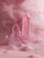 Pink crystal cluster formation emerging from dusty surface against dreamy pink atmosphere, mineral growth structure with translucent pointed peaks.