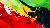 Vibrant abstract acrylic paint explosion with red, green, yellow and black colors flowing together creating dynamic artistic texture for creative projects.