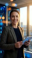 Professional businesswoman with tablet in modern office with city lights bokeh background for corporate presentations and marketing materials.