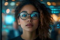 Young African American woman with curly hair and glasses in moody cyan lighting, reflections in lenses create futuristic atmosphere against blurred city bokeh background.