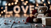 Romantic composition with teddy bear holding love message, red roses, gift box and glowing love letters bokeh lights on wooden surface. Perfect for Valentine's Day.