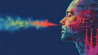 Colorful profile of an ethereal figure exhaling vibrant smoke against dark background, featuring neon pink and blue tones with circuit-like patterns merging technology and humanity.