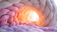 Soft pink and white braided yarn creates tunnel perspective with warm glowing light at center, macro photography showing detailed textile texture and patterns.