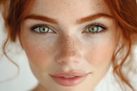 Close up portrait of young woman with natural freckles, red hair and green eyes looking directly at camera with gentle smile against light background.