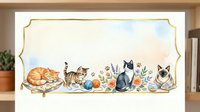 Watercolor cats with autumn elements and floral decorations on cream background with decorative border for seasonal greeting cards and home decor projects.