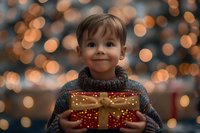 Excited young Caucasian boy holding red gift box with golden bow against blurred Christmas lights background, wearing knit sweater, expressing joy and anticipation.