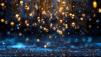 Magical glowing golden lights and sparkles floating against dark blue background with bokeh effect and shimmering reflections creating festive atmosphere.