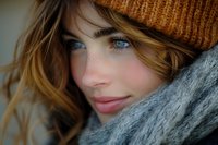 Young woman with blue eyes wearing orange knit hat and gray scarf in cozy winter portrait with natural lighting and soft focus background.