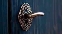 Vintage copper door handle with ornate Celtic knot pattern on dark wooden door background, showcasing intricate metalwork detail and traditional craftsmanship.