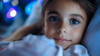 Young girl with blue eyes lying in bed at night with colorful bokeh lights in background creating dreamy atmosphere for bedtime stories and sleep concepts.