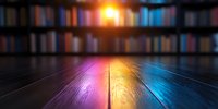 Colorful neon lights reflect on wooden floor in library with blurred bookshelves background creating atmospheric mood lighting effect.