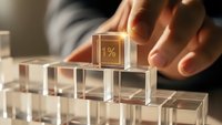 Businessman hand placing transparent cube with 1% symbol on stack representing growth, progress and percentage increase in corporate environment.
