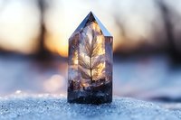 Crystal obelisk with preserved autumn leaf inside catches golden sunlight on frosty surface, creating magical natural refraction and ethereal glow at sunset.